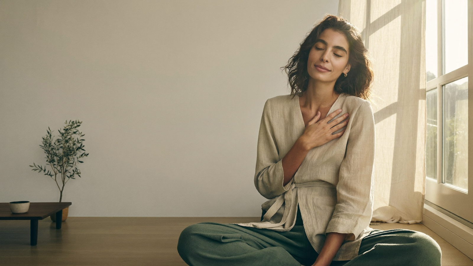 A person sitting calmly by a sunlit window, breathing slowly